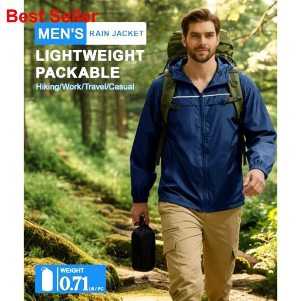 2 Pack Men's Rain Jacket Packable Lightweight Waterproof Hooded Windbreaker